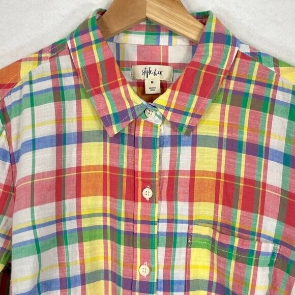 Style & Co Button Up Shirt Long Sleeve Plaid Lightweight Cotton Preppy Spring M - Picture 2 of 6
